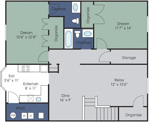 Floor plan for 2 beds, 1.5 baths, 1210 sqft